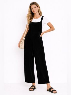 VINTAGE 90s Chicos Black Velvet Overalls minimalist Elevated Grunge Size 3 L 14